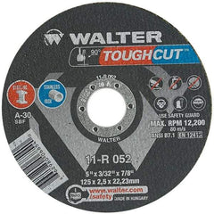 WALTER Surface Technologies - 5" 30 Grit Aluminum Oxide Cutoff Wheel - 3/32" Thick, 7/8" Arbor, 12,200 Max RPM, Use with Angle Grinders - USA Tool & Supply