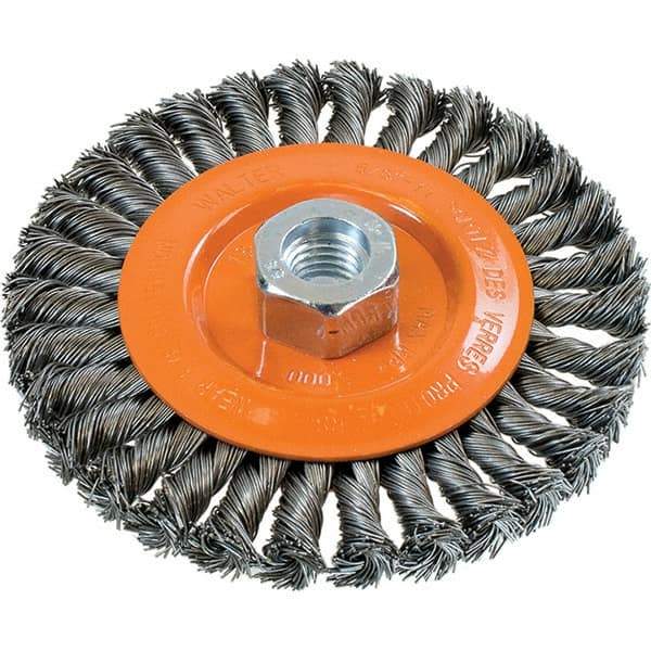 WALTER Surface Technologies - 5" OD, 5/8-11 Arbor Hole, Knotted Steel Wheel Brush - 3/8" Face Width, 0.02" Filament Diam, 15,000 RPM - USA Tool & Supply