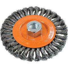WALTER Surface Technologies - 5" OD, 5/8-11 Arbor Hole, Knotted Steel Wheel Brush - 3/8" Face Width, 0.02" Filament Diam, 15,000 RPM - USA Tool & Supply