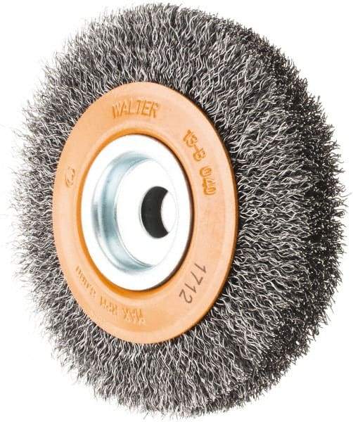 WALTER Surface Technologies - 4" OD, 1/2" Arbor Hole, Crimped Steel Wheel Brush - 3/4" Face Width, 0.0118" Filament Diam, 6,000 RPM - USA Tool & Supply