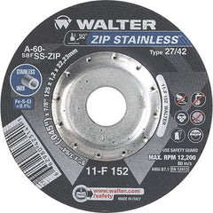 WALTER Surface Technologies - 60 Grit, 5" Wheel Diam, 3/64" Wheel Thickness, 7/8" Arbor Hole, Type 27 Depressed Center Wheel - Aluminum Oxide/Silicon Carbide Blend, Resinoid Bond, 12,200 Max RPM - USA Tool & Supply