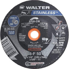 WALTER Surface Technologies - 30 Grit, 5" Wheel Diam, 1/4" Wheel Thickness, Type 28 Depressed Center Wheel - Aluminum Oxide, Resinoid Bond, 12,200 Max RPM - USA Tool & Supply