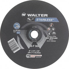 WALTER Surface Technologies - 30 Grit, 9" Wheel Diam, 1/4" Wheel Thickness, 7/8" Arbor Hole, Type 27 Depressed Center Wheel - Aluminum Oxide, Resinoid Bond, 6,600 Max RPM - USA Tool & Supply