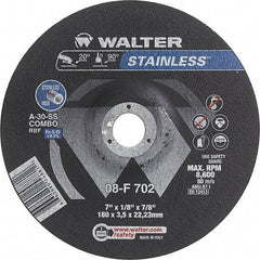 WALTER Surface Technologies - 30 Grit, 7" Wheel Diam, 1/8" Wheel Thickness, 7/8" Arbor Hole, Type 27 Depressed Center Wheel - Aluminum Oxide, Resinoid Bond, 8,600 Max RPM - USA Tool & Supply