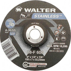 WALTER Surface Technologies - 30 Grit, 6" Wheel Diam, 1/4" Wheel Thickness, 7/8" Arbor Hole, Type 27 Depressed Center Wheel - Aluminum Oxide, Resinoid Bond, 10,200 Max RPM - USA Tool & Supply