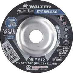 WALTER Surface Technologies - 30 Grit, 5" Wheel Diam, 1/8" Wheel Thickness, 7/8" Arbor Hole, Type 27 Depressed Center Wheel - Aluminum Oxide, Resinoid Bond, 12,200 Max RPM - USA Tool & Supply