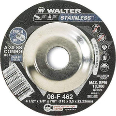 WALTER Surface Technologies - 30 Grit, 4-1/2" Wheel Diam, 1/8" Wheel Thickness, 7/8" Arbor Hole, Type 27 Depressed Center Wheel - Aluminum Oxide, Resinoid Bond, 13,300 Max RPM - USA Tool & Supply