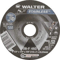 WALTER Surface Technologies - 30 Grit, 4-1/2" Wheel Diam, 1/4" Wheel Thickness, 7/8" Arbor Hole, Type 27 Depressed Center Wheel - Aluminum Oxide, Resinoid Bond, 13,300 Max RPM - USA Tool & Supply