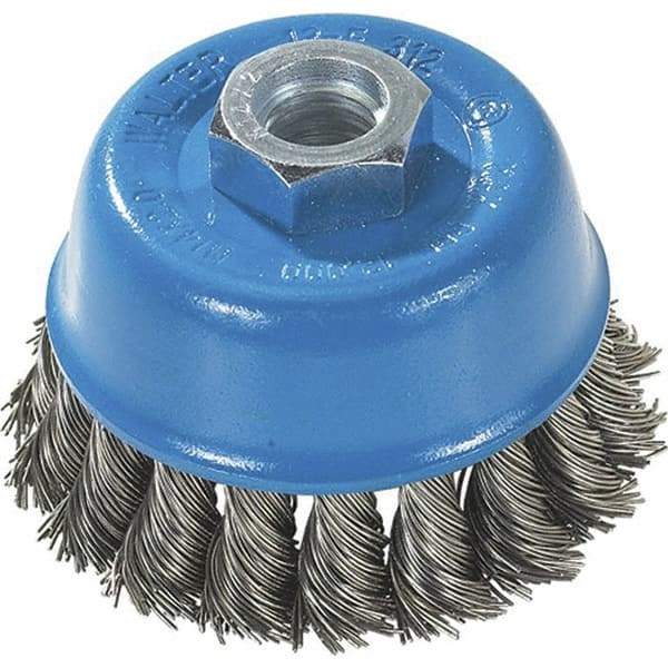 WALTER Surface Technologies - 3" Diam, M10x1.25 Threaded Arbor, Stainless Steel Fill Cup Brush - 0.015 Wire Diam, 12,000 Max RPM - USA Tool & Supply