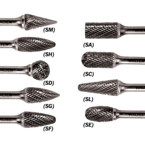 WALTER Surface Technologies - 1/2" Cut Diam, 1/4" Shank Diam, Cylinder Ball End Head Single Cut Burr - Carbide, 1" LOC - USA Tool & Supply