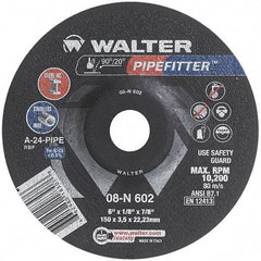 WALTER Surface Technologies - 24 Grit, 6" Wheel Diam, 1/8" Wheel Thickness, 7/8" Arbor Hole, Type 27 Depressed Center Wheel - Aluminum Oxide/Silicon Carbide Blend, Resinoid Bond, 10,200 Max RPM, Compatible with Angle Grinder - USA Tool & Supply