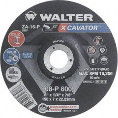 WALTER Surface Technologies - 16 Grit, 6" Wheel Diam, 1/4" Wheel Thickness, 7/8" Arbor Hole, Type 27 Depressed Center Wheel - Aluminum Oxide, Resinoid Bond, 10,200 Max RPM - USA Tool & Supply