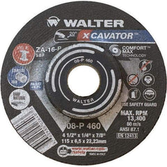 WALTER Surface Technologies - 16 Grit, 4-1/2" Wheel Diam, 1/4" Wheel Thickness, 7/8" Arbor Hole, Type 27 Depressed Center Wheel - Aluminum Oxide, Resinoid Bond, 13,300 Max RPM - USA Tool & Supply