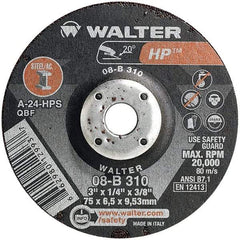 WALTER Surface Technologies - 24 Grit, 3" Wheel Diam, 1/4" Wheel Thickness, 3/8" Arbor Hole, Type 27 Depressed Center Wheel - Aluminum Oxide, Resinoid Bond, 20,000 Max RPM - USA Tool & Supply