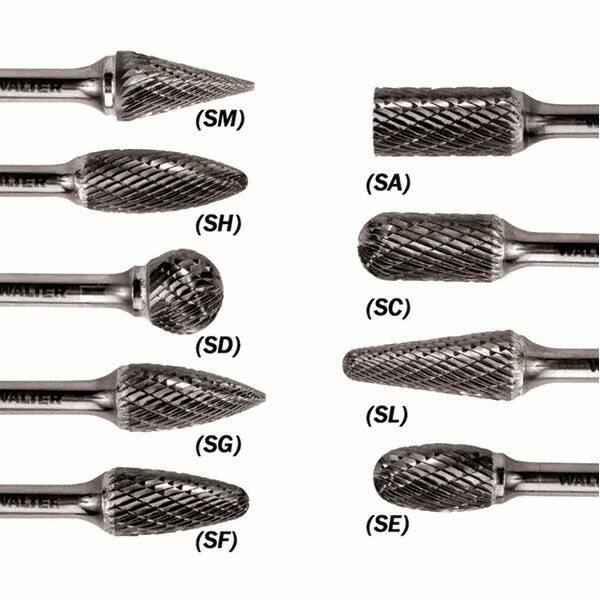 WALTER Surface Technologies - 1/2" Cut Diam, 1/4" Shank Diam, Taper Head Double Cut Burr - Carbide, 1" LOC - USA Tool & Supply