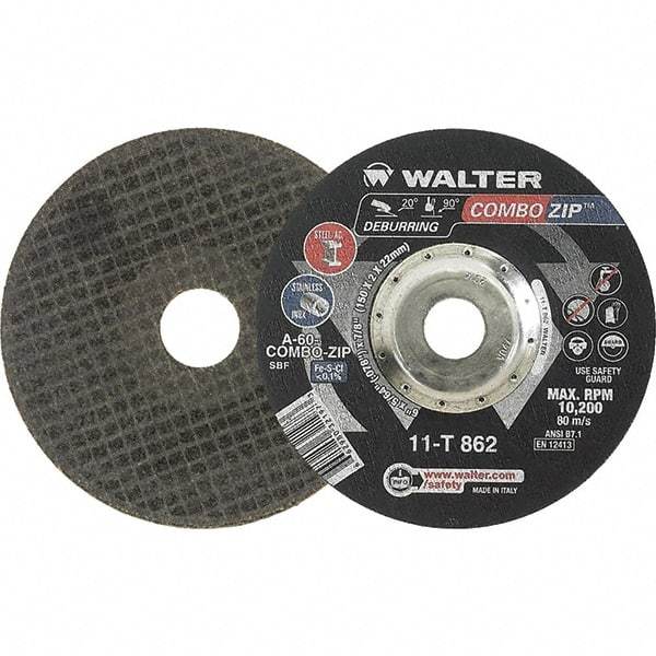 WALTER Surface Technologies - 60 Grit, 6" Wheel Diam, 5/64" Wheel Thickness, 7/8" Arbor Hole, Type 27 Depressed Center Wheel - 10,200 Max RPM - USA Tool & Supply