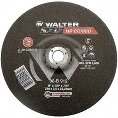 WALTER Surface Technologies - 30 Grit, 9" Wheel Diam, 1/8" Wheel Thickness, 7/8" Arbor Hole, Type 27 Depressed Center Wheel - Aluminum Oxide, Resinoid Bond, 6,600 Max RPM - USA Tool & Supply
