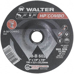 WALTER Surface Technologies - 30 Grit, 6" Wheel Diam, 1/8" Wheel Thickness, 7/8" Arbor Hole, Type 27 Depressed Center Wheel - Aluminum Oxide, Resinoid Bond, 10,200 Max RPM - USA Tool & Supply