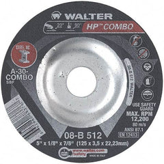 WALTER Surface Technologies - 30 Grit, 5" Wheel Diam, 1/8" Wheel Thickness, 7/8" Arbor Hole, Type 27 Depressed Center Wheel - Aluminum Oxide, Resinoid Bond, 12,200 Max RPM - USA Tool & Supply