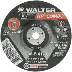 WALTER Surface Technologies - 24 Grit, 4" Wheel Diam, 1/8" Wheel Thickness, 3/8" Arbor Hole, Type 27 Depressed Center Wheel - Aluminum Oxide, Resinoid Bond, 15,000 Max RPM - USA Tool & Supply