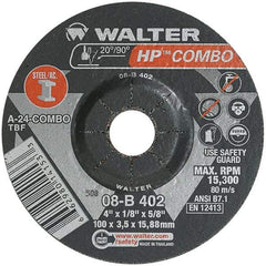 WALTER Surface Technologies - 24 Grit, 4" Wheel Diam, 1/8" Wheel Thickness, 5/8" Arbor Hole, Type 27 Depressed Center Wheel - Aluminum Oxide, Resinoid Bond, 15,000 Max RPM - USA Tool & Supply