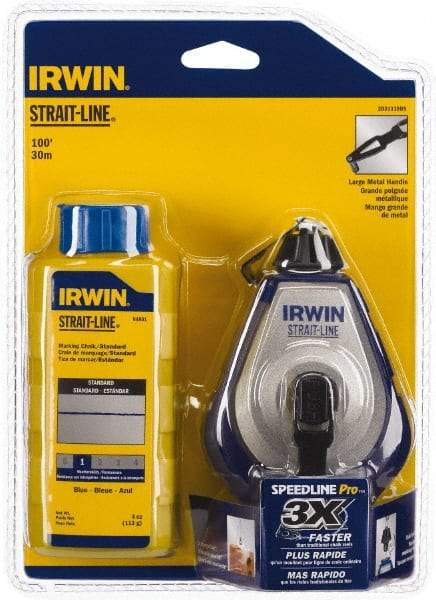 Irwin - 100' Long Reel & Chalk Set - Blue, Includes (1) 4 oz Standard Blue Chalk (3.5:1) & (1) SPEEDLINE Pro Chalk Reel - USA Tool & Supply