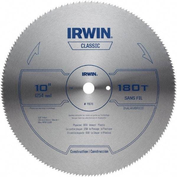 Irwin - 10" Diam, 5/8" Arbor Hole Diam, 180 Tooth Wet & Dry Cut Saw Blade - High Carbon Steel, Smooth Action, Standard Round Arbor - USA Tool & Supply