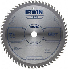 Irwin Blades - 7-1/4" Diam, 5/8" Arbor Hole Diam, 60 Tooth Wet & Dry Cut Saw Blade - Carbide-Tipped, Smooth Action, Diamond Arbor - USA Tool & Supply