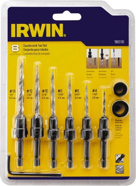 Irwin - 8 Piece, 1/4 to 1/2" Head Diam, Single End Countersink Set - USA Tool & Supply