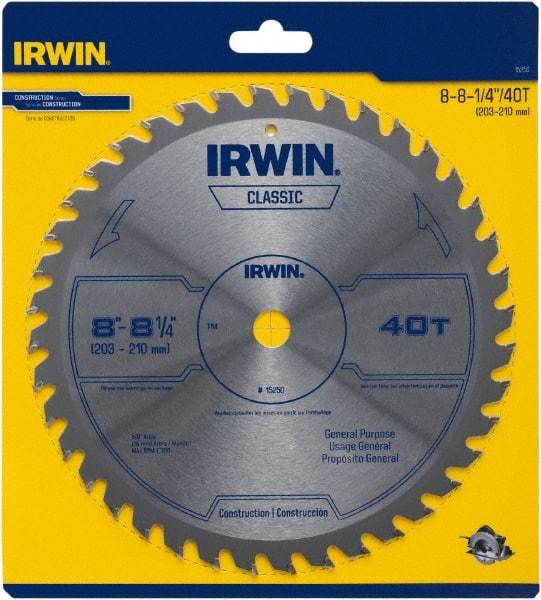 Irwin Blades - 8-1/4" Diam, 5/8" Arbor Hole Diam, 40 Tooth Wet & Dry Cut Saw Blade - Carbide-Tipped, Smooth Action, Diamond Arbor - USA Tool & Supply