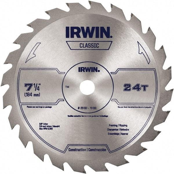 Irwin Blades - 7-1/4" Diam, 5/8" Arbor Hole Diam, 24 Tooth Wet & Dry Cut Saw Blade - Carbide-Tipped, Smooth Action, Diamond Arbor - USA Tool & Supply