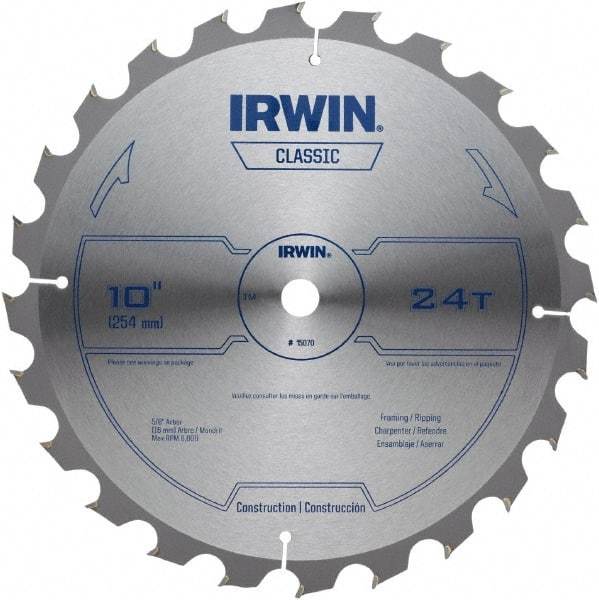 Irwin - 10" Diam, 5/8" Arbor Hole Diam, 24 Tooth Wet & Dry Cut Saw Blade - Carbide-Tipped, Smooth Action, Diamond Arbor - USA Tool & Supply