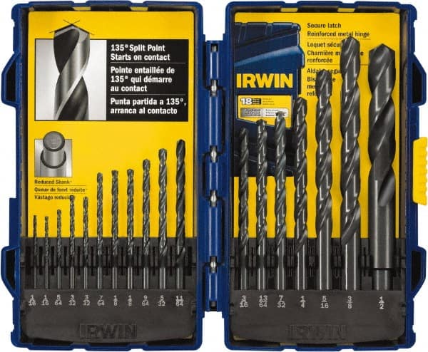 Irwin - 1/16 to 1/2", 135° Point, Oxide Finish, High Speed Steel Jobber Length Drill Bit Set - USA Tool & Supply