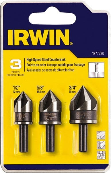 Irwin - 3 Piece, 1/2 to 3/4" Head Diam, 82° Included Angle, Single End Countersink Set - USA Tool & Supply