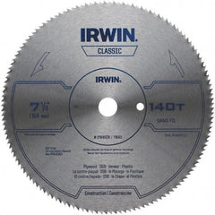 Irwin Blades - 7-1/4" Diam, 5/8" Arbor Hole Diam, 140 Tooth Wet & Dry Cut Saw Blade - High Carbon Steel, Smooth Action, Diamond Arbor - USA Tool & Supply