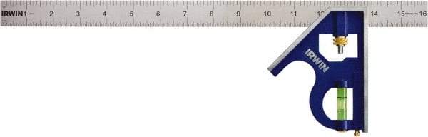 Irwin - 2 Piece, 16" Combination Square Set - 1/16, 1/32, 1/64 & 1/8" (4R) Graduation, Stainless Steel Blade, Cast Zinc Square Head - USA Tool & Supply