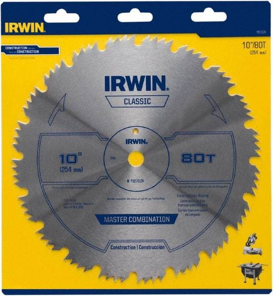 Irwin Blades - 10" Diam, 5/8" Arbor Hole Diam, 80 Tooth Wet & Dry Cut Saw Blade - High Carbon Steel, Smooth Action, Standard Round Arbor - USA Tool & Supply