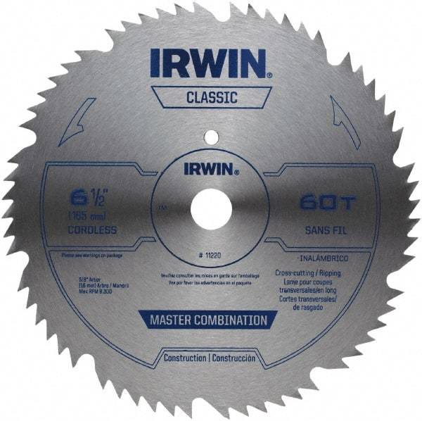 Irwin - 6-1/2" Diam, 5/8" Arbor Hole Diam, 60 Tooth Wet & Dry Cut Saw Blade - High Carbon Steel, Smooth Action, Standard Round Arbor - USA Tool & Supply