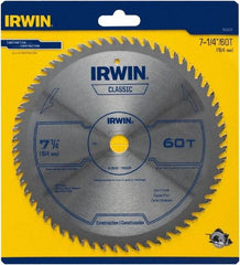 Irwin Blades - 7-1/4" Diam, 5/8" Arbor Hole Diam, 60 Tooth Wet & Dry Cut Saw Blade - Carbide-Tipped, Smooth Action, Diamond Arbor - USA Tool & Supply