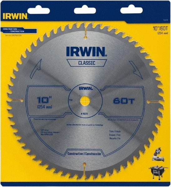 Irwin Blades - 10" Diam, 5/8" Arbor Hole Diam, 60 Tooth Wet & Dry Cut Saw Blade - Carbide-Tipped, Smooth Action, Standard Round Arbor - USA Tool & Supply