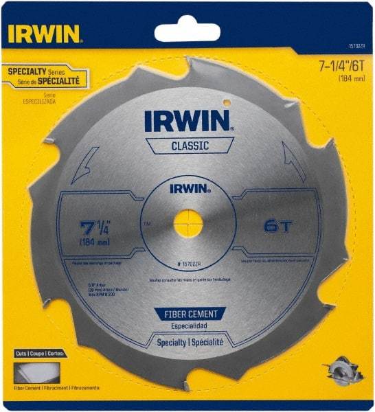 Irwin Blades - 7-1/4" Diam, 5/8" Arbor Hole Diam, 6 Tooth Wet & Dry Cut Saw Blade - Diamond-Tipped, Smooth Action, Diamond Arbor - USA Tool & Supply