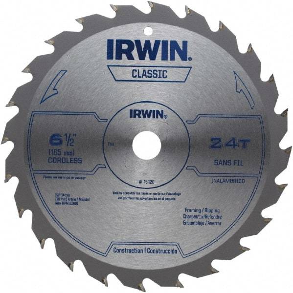 Irwin - 6-1/2" Diam, 5/8" Arbor Hole Diam, 24 Tooth Wet & Dry Cut Saw Blade - Carbide-Tipped, Smooth Action, Diamond Arbor - USA Tool & Supply