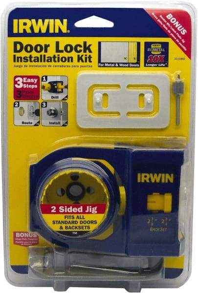 Irwin Blades - 7 Piece, 2-3/8" to 2-3/4" Saw Diam, Door-Lock Installation Hole Saw Kit - Bi-Metal, Includes 2 Hole Saws - USA Tool & Supply