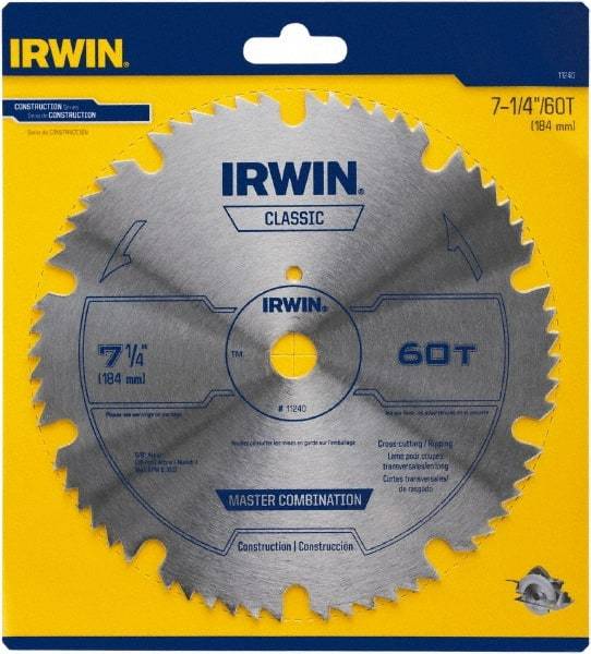 Irwin Blades - 7-1/4" Diam, 5/8" Arbor Hole Diam, 60 Tooth Wet & Dry Cut Saw Blade - High Carbon Steel, Smooth Action, Diamond Arbor - USA Tool & Supply