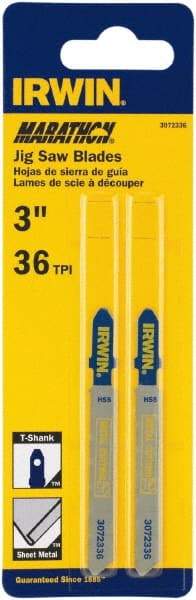 Irwin Blades - 3" Long x 0.039" Thick x 0.295" Wide, 36 Teeth per Inch, Bi-Metal Jig Saw Blade - Toothed Edge, T-Shank, Mill Tooth Set - USA Tool & Supply