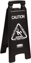 Rubbermaid - Attention/Caution/Cuidado, 11" Wide x 25" High, Polypropylene Floor Sign - English/French/Spanish, A-Frame, White on Black, For Accident Prevention - USA Tool & Supply