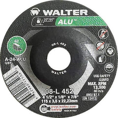 WALTER Surface Technologies - 24 Grit, 4-1/2" Wheel Diam, 1/8" Wheel Thickness, 7/8" Arbor Hole, Type 27 Depressed Center Wheel - Aluminum Oxide, Resinoid Bond, 13,300 Max RPM - USA Tool & Supply