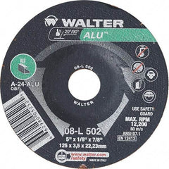 WALTER Surface Technologies - 24 Grit, 5" Wheel Diam, 1/8" Wheel Thickness, 7/8" Arbor Hole, Type 27 Depressed Center Wheel - Aluminum Oxide, Resinoid Bond, 12,200 Max RPM - USA Tool & Supply