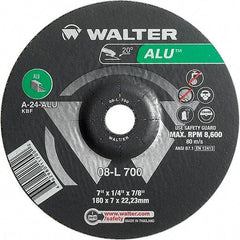 WALTER Surface Technologies - 24 Grit, 7" Wheel Diam, 1/4" Wheel Thickness, 7/8" Arbor Hole, Type 27 Depressed Center Wheel - Aluminum Oxide, Resinoid Bond, 8,600 Max RPM - USA Tool & Supply