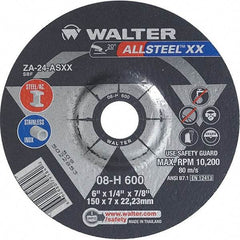 WALTER Surface Technologies - 24 Grit, 6" Wheel Diam, 1/4" Wheel Thickness, 7/8" Arbor Hole, Type 27 Depressed Center Wheel - Aluminum Oxide, Resinoid Bond, 10,200 Max RPM - USA Tool & Supply